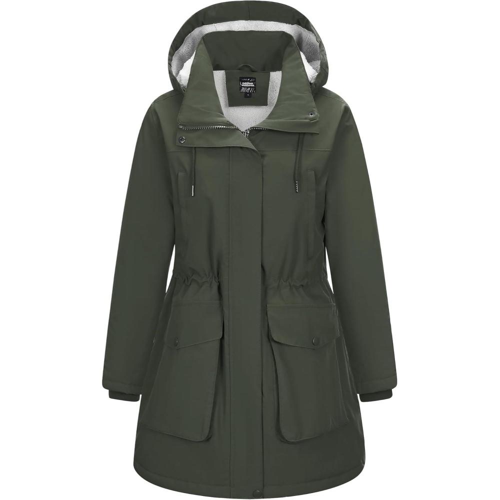 Outdoor Ventures Women’s Waterproof Fleece Lined Winter Coat Parka Removable Hood Warm Long Insulated Thicken Puffer Jacket(Greenish Brown)