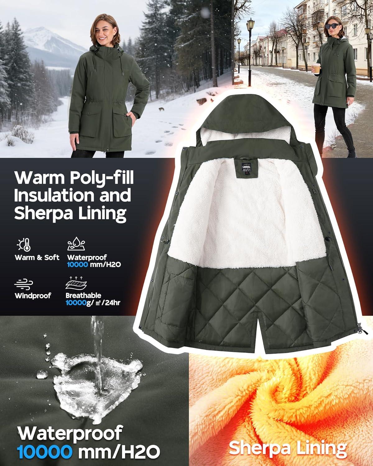 Outdoor Ventures Women’s Waterproof Fleece Lined Winter Coat Parka Removable Hood Warm Long Insulated Thicken Puffer Jacket(Greenish Brown)