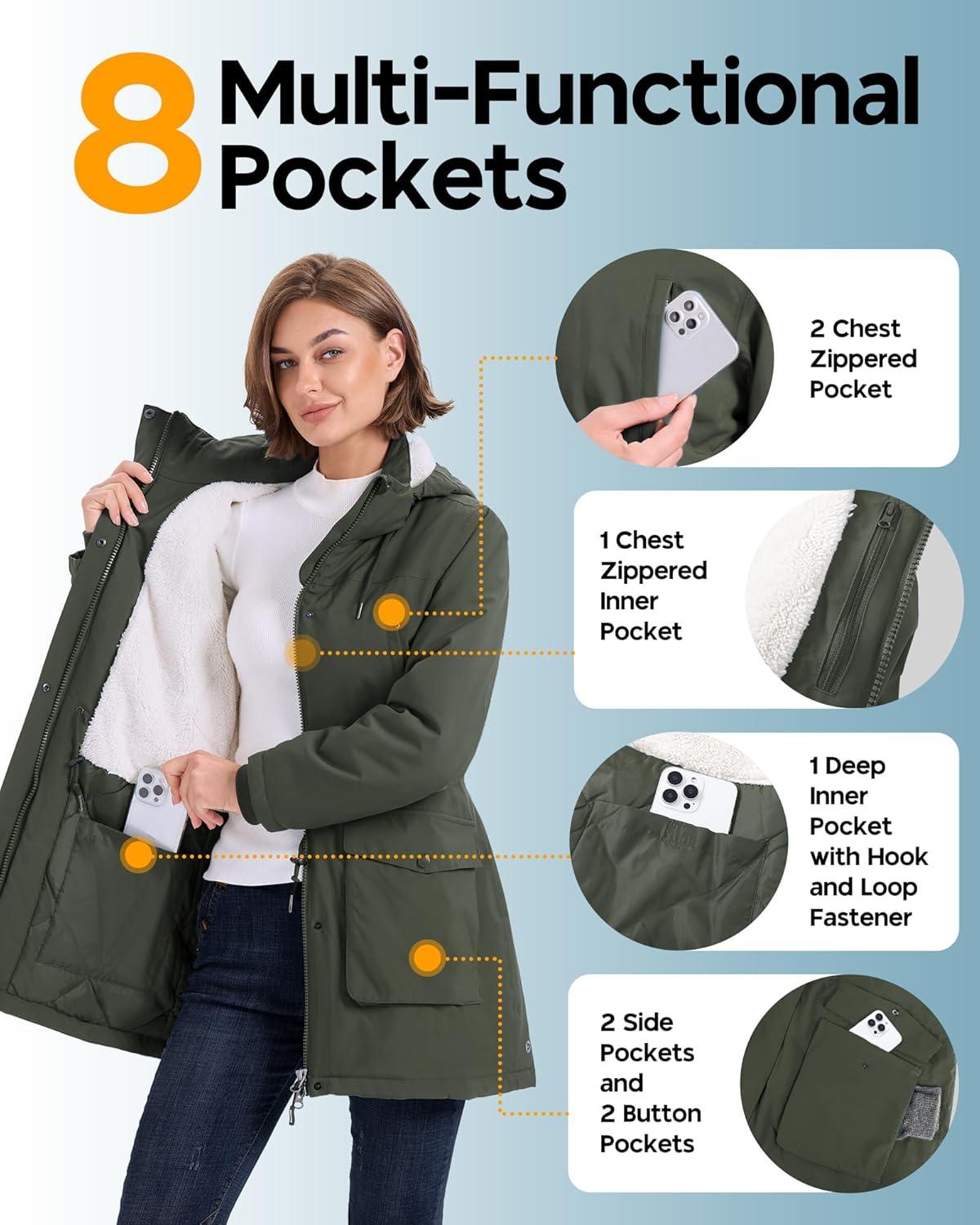 Outdoor Ventures Women’s Waterproof Fleece Lined Winter Coat Parka Removable Hood Warm Long Insulated Thicken Puffer Jacket(Greenish Brown)