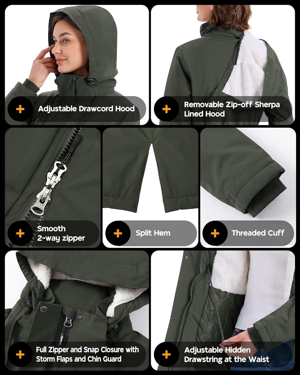 Outdoor Ventures Women’s Waterproof Fleece Lined Winter Coat Parka Removable Hood Warm Long Insulated Thicken Puffer Jacket(Greenish Brown)