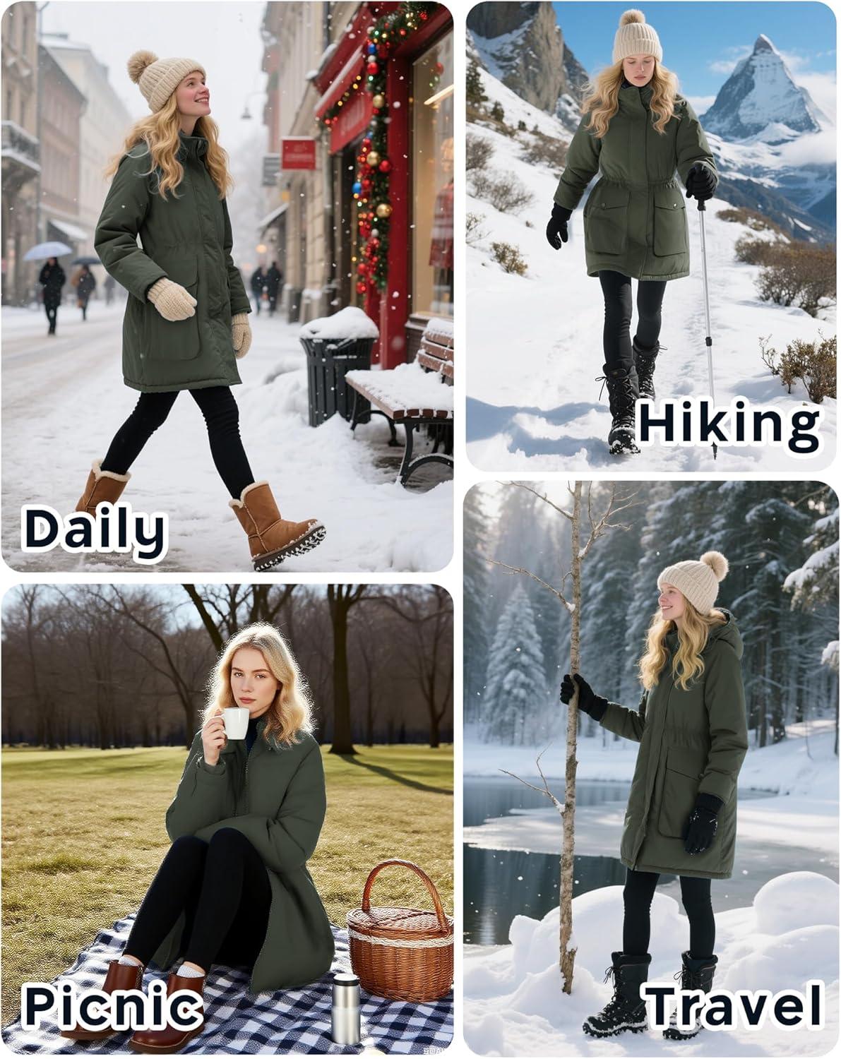 Outdoor Ventures Women’s Waterproof Fleece Lined Winter Coat Parka Removable Hood Warm Long Insulated Thicken Puffer Jacket(Greenish Brown)