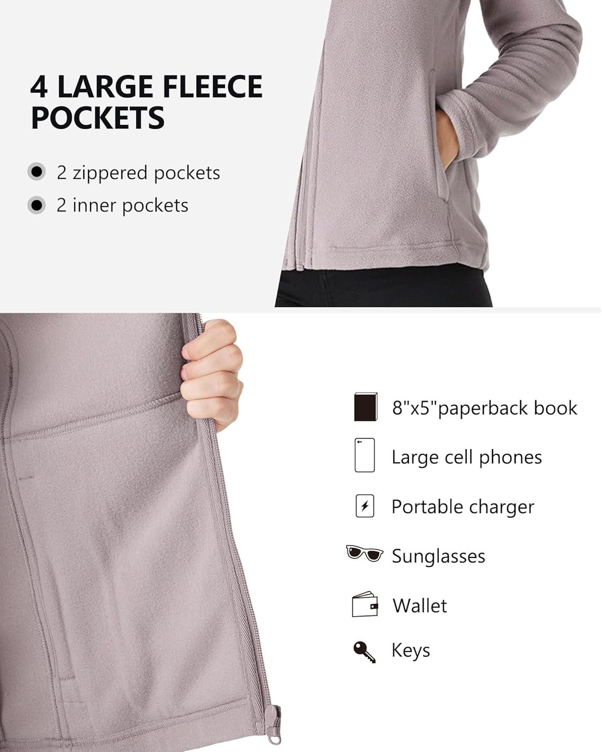 Outdoor Ventures Women’s Lightweight Warm Zip Up Long-Sleeve Soft Polar Fleece Jacket for Fall Winter(Pinkish Gray)
