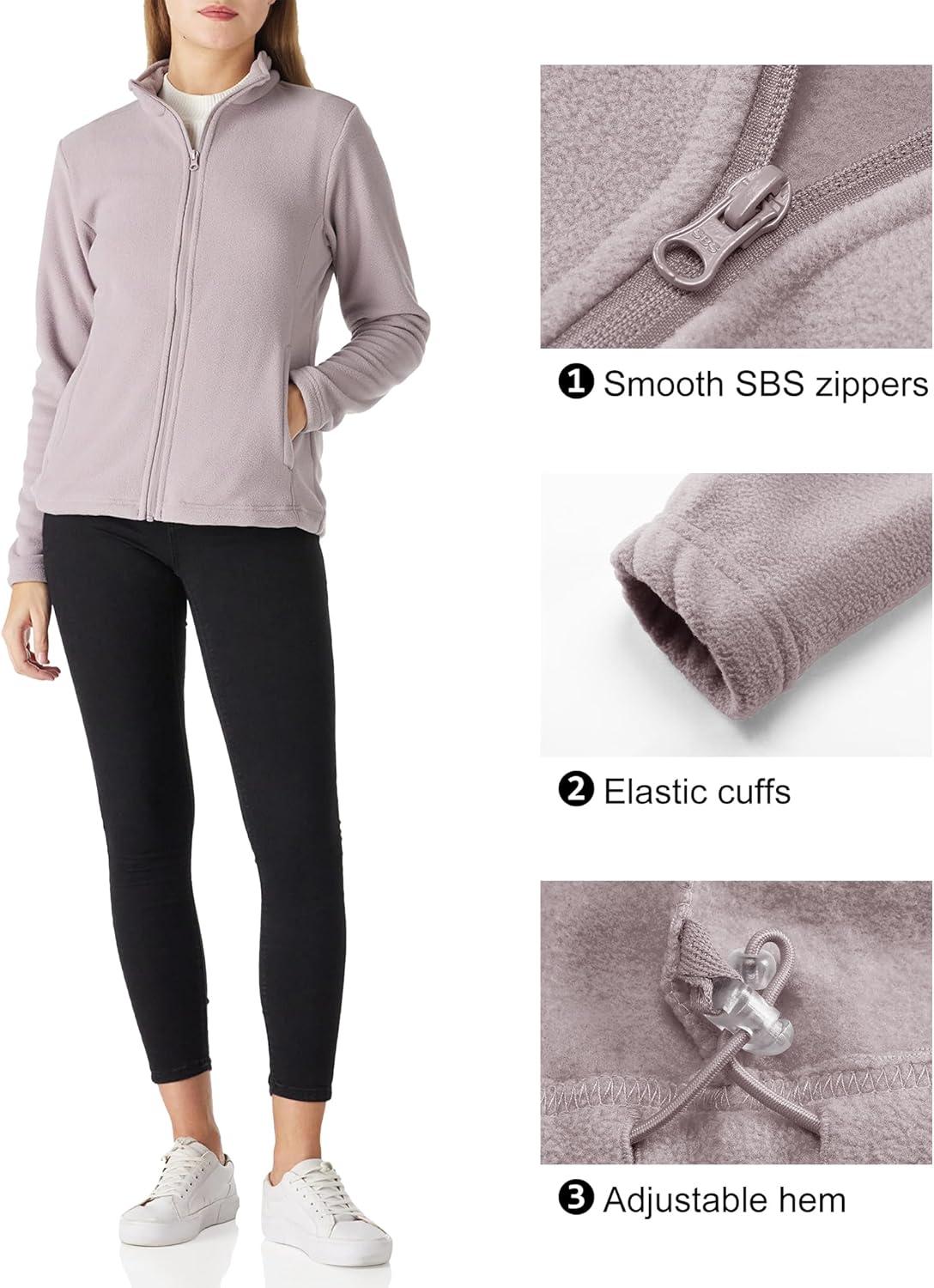Outdoor Ventures Women’s Lightweight Warm Zip Up Long-Sleeve Soft Polar Fleece Jacket for Fall Winter(Pinkish Gray)