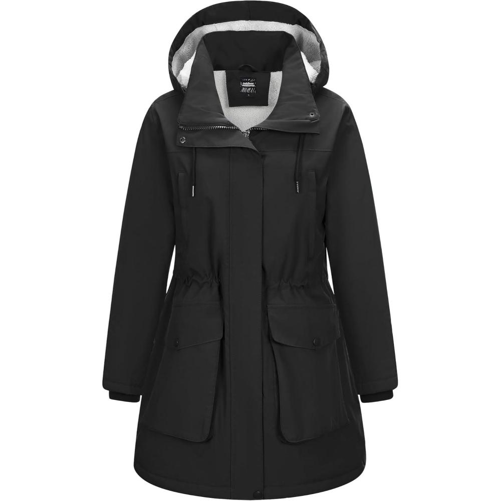 Outdoor Ventures Women’s Waterproof Fleece Lined Winter Coat Parka Removable Hood Warm Long Insulated Thicken Puffer Jacket(Black)