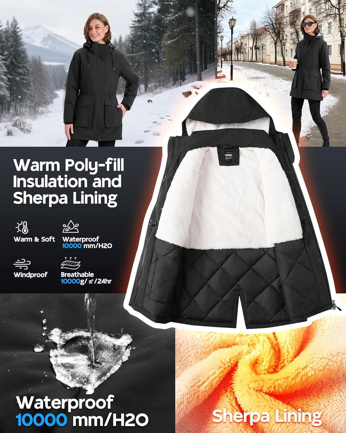 Outdoor Ventures Women’s Waterproof Fleece Lined Winter Coat Parka Removable Hood Warm Long Insulated Thicken Puffer Jacket(Black)