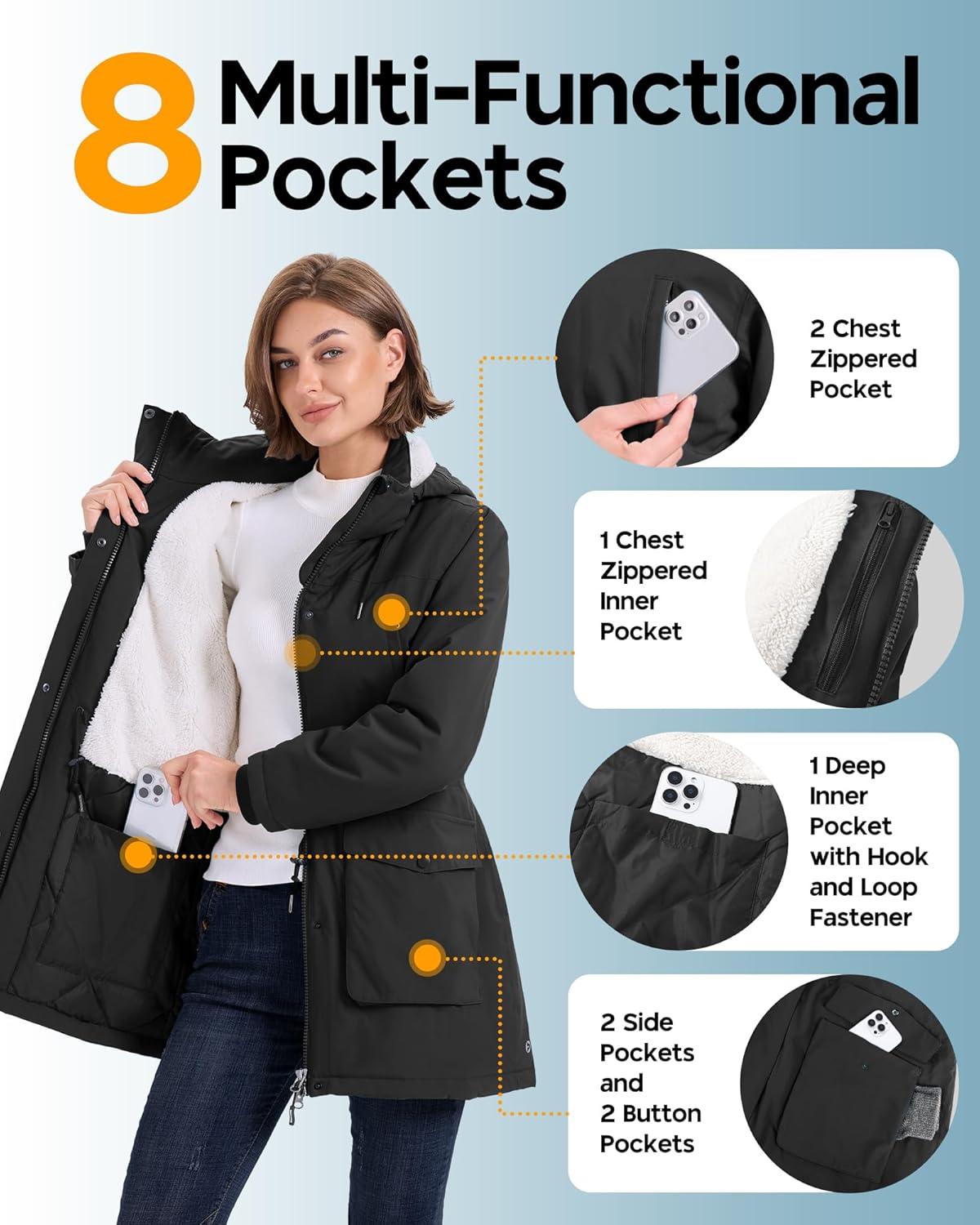 Outdoor Ventures Women’s Waterproof Fleece Lined Winter Coat Parka Removable Hood Warm Long Insulated Thicken Puffer Jacket(Black)