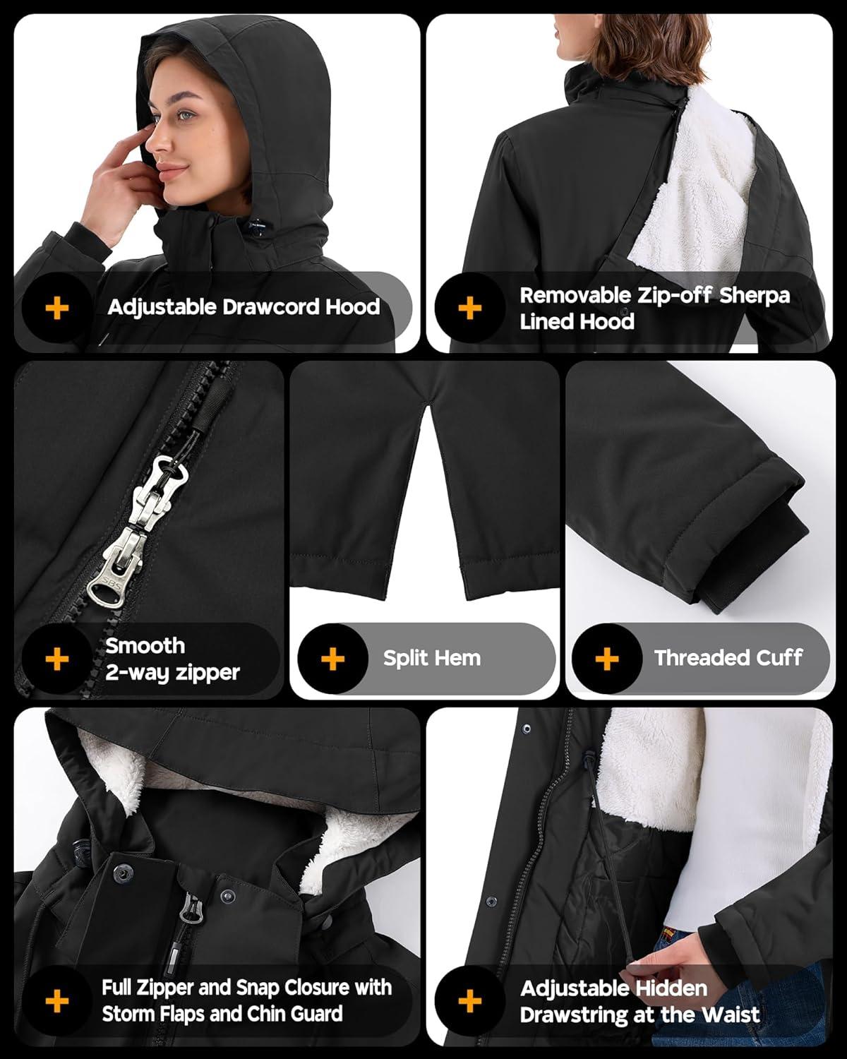 Outdoor Ventures Women’s Waterproof Fleece Lined Winter Coat Parka Removable Hood Warm Long Insulated Thicken Puffer Jacket(Black)
