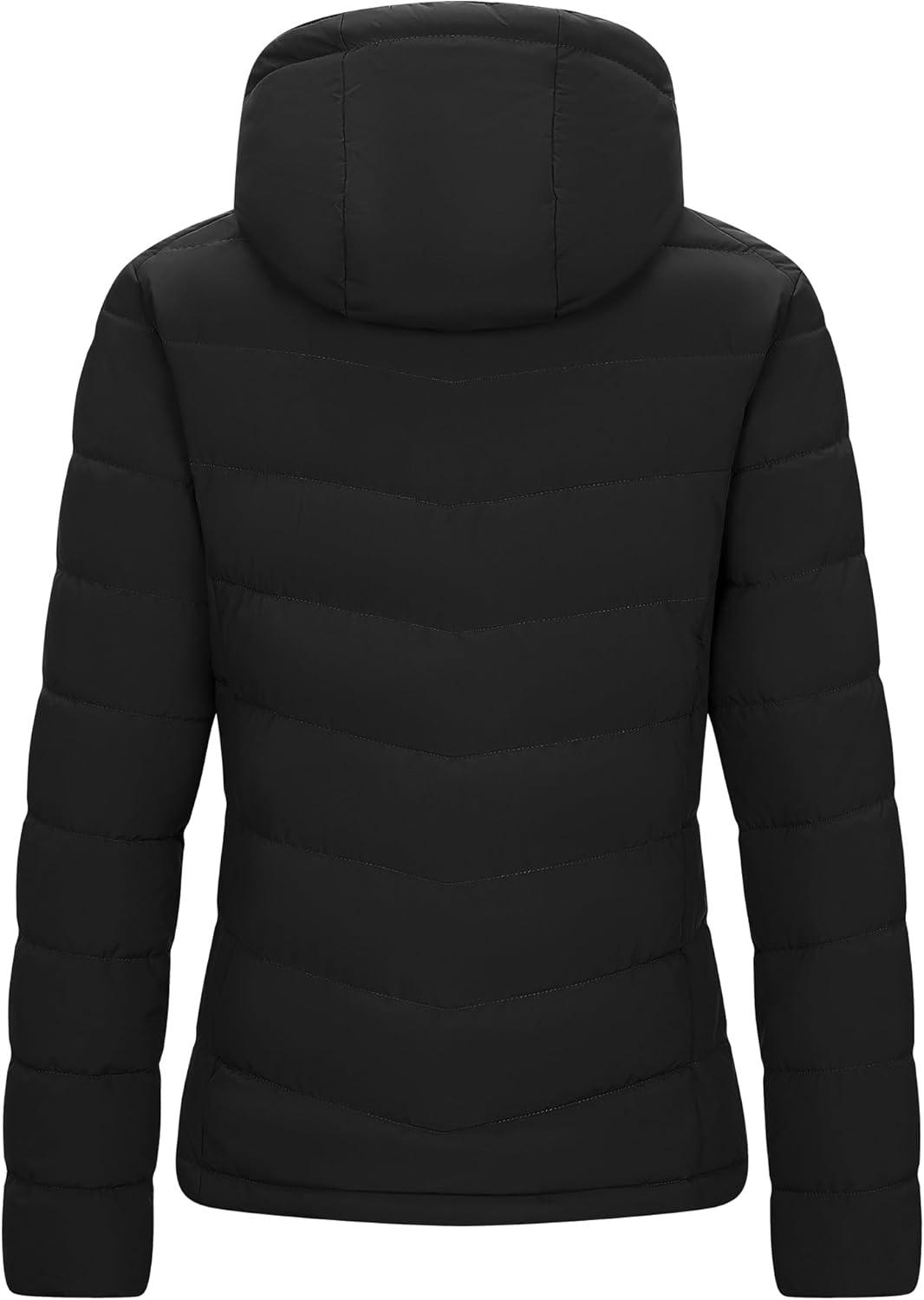 Outdoor Ventures Women’s Hooded Puffer Jacket Waterproof Lightweight Full-Zip Warm Quilted Winter Coat(Black)