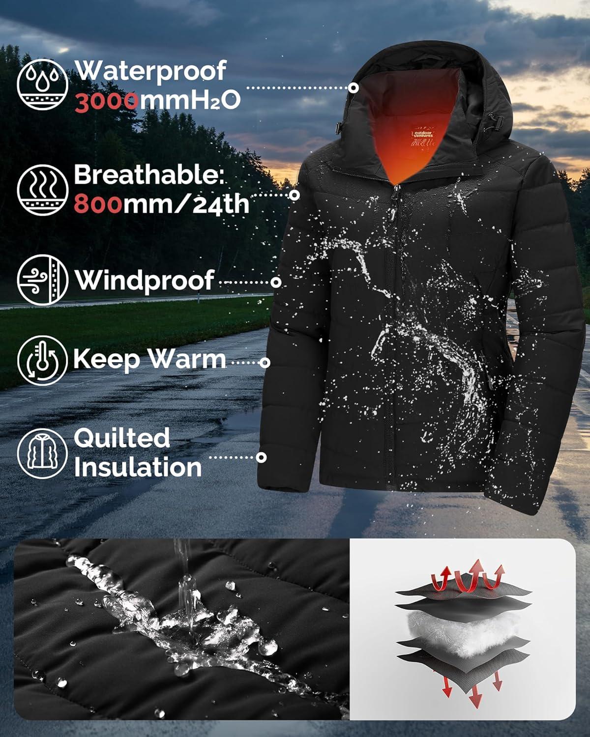Outdoor Ventures Women’s Hooded Puffer Jacket Waterproof Lightweight Full-Zip Warm Quilted Winter Coat(Black)
