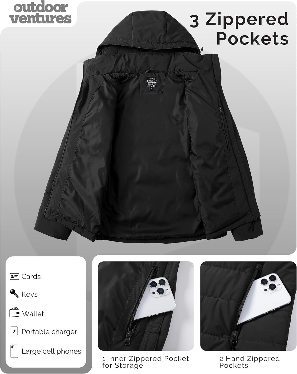 Outdoor Ventures Women’s Hooded Puffer Jacket Waterproof Lightweight Full-Zip Warm Quilted Winter Coat(Black)