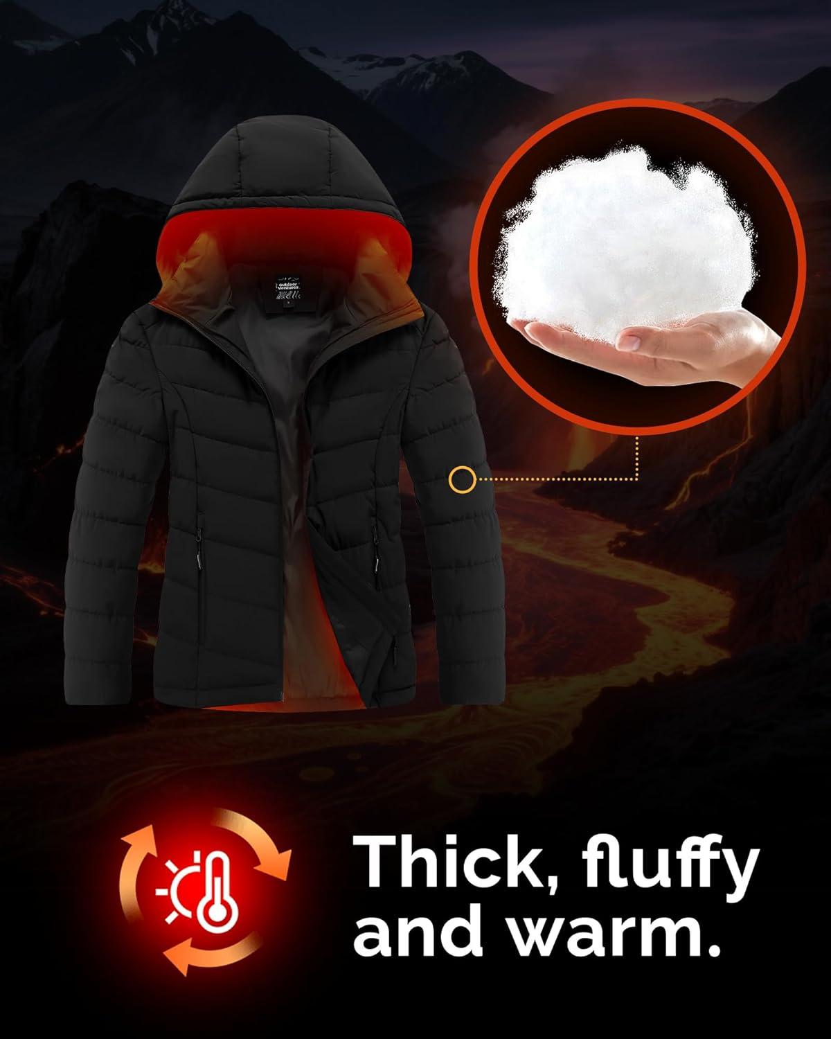 Outdoor Ventures Women’s Hooded Puffer Jacket Waterproof Lightweight Full-Zip Warm Quilted Winter Coat(Black)