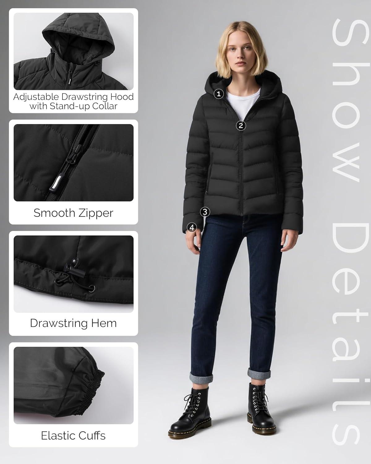 Outdoor Ventures Women’s Hooded Puffer Jacket Waterproof Lightweight Full-Zip Warm Quilted Winter Coat(Black)