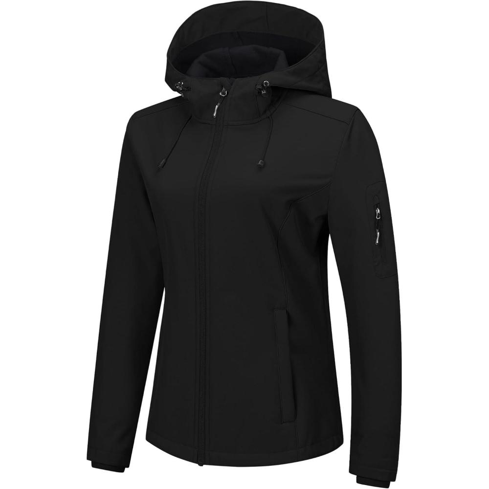 Outdoor Ventures Women’s Softshell Jacket with Hood Fleece Lined Warm Lightweight Waterproof Insulated Windbreaker(Black)
