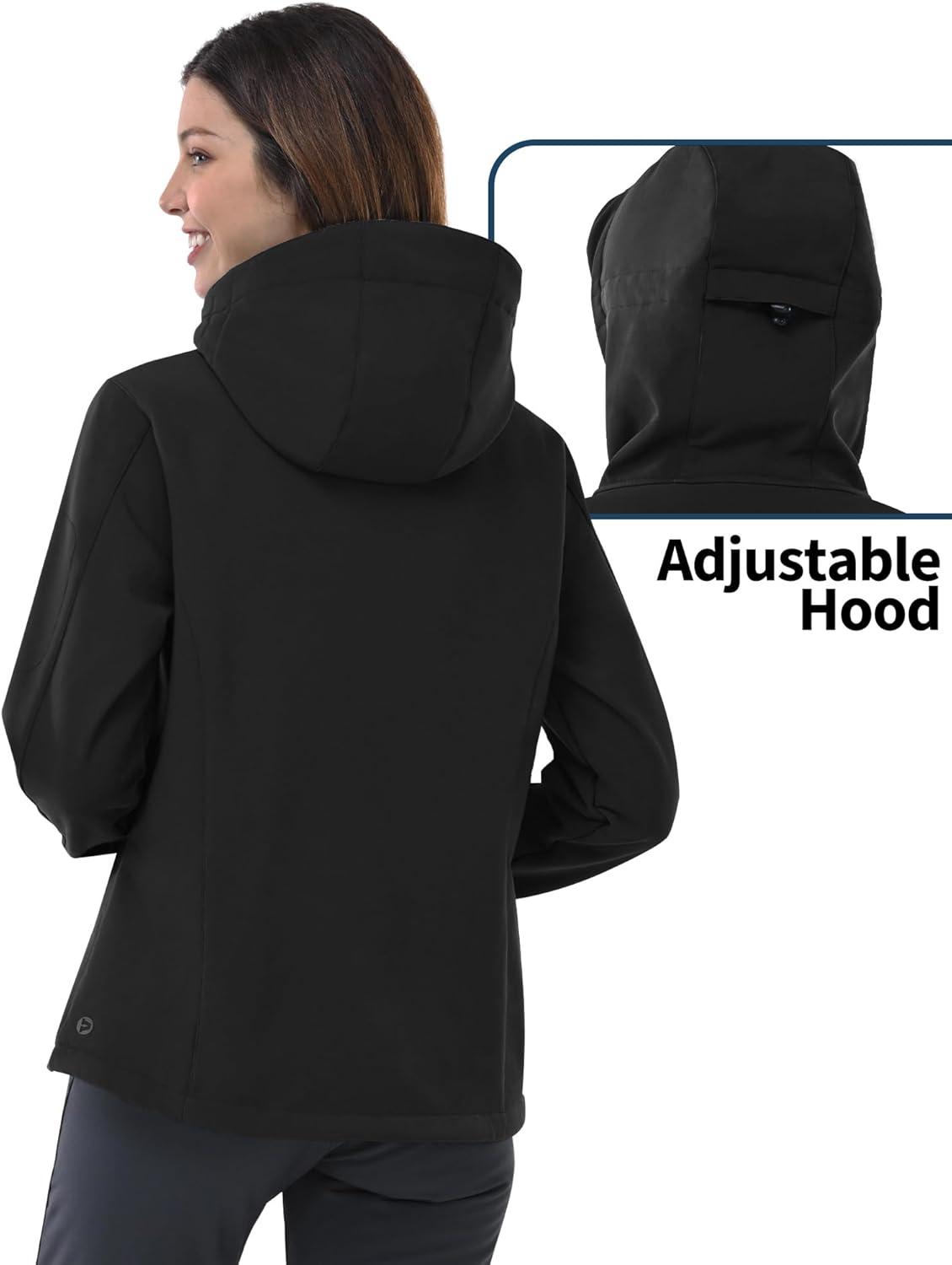 Outdoor Ventures Women’s Softshell Jacket with Hood Fleece Lined Warm Lightweight Waterproof Insulated Windbreaker(Black)