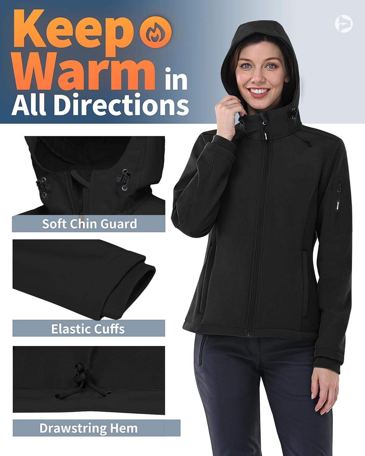 Outdoor Ventures Women’s Softshell Jacket with Hood Fleece Lined Warm Lightweight Waterproof Insulated Windbreaker(Black)