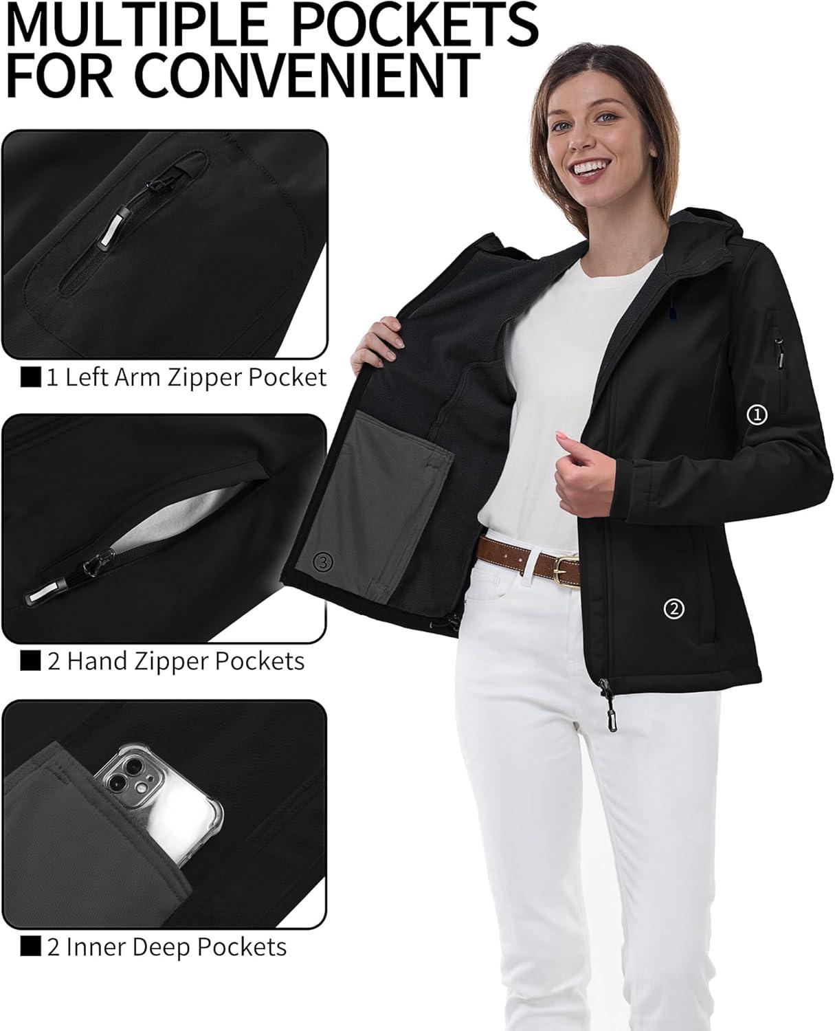 Outdoor Ventures Women’s Softshell Jacket with Hood Fleece Lined Warm Lightweight Waterproof Insulated Windbreaker(Black)