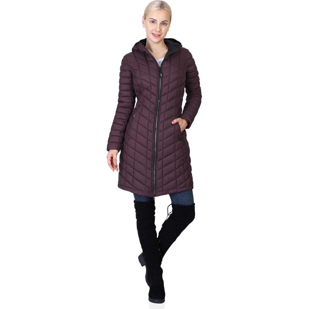 Outdoor Ventures Women’s Maryan Hooded Ultra Lightweight Warm Thermolite Long Puffer Coat(Purple-avg.36″ Long Length)