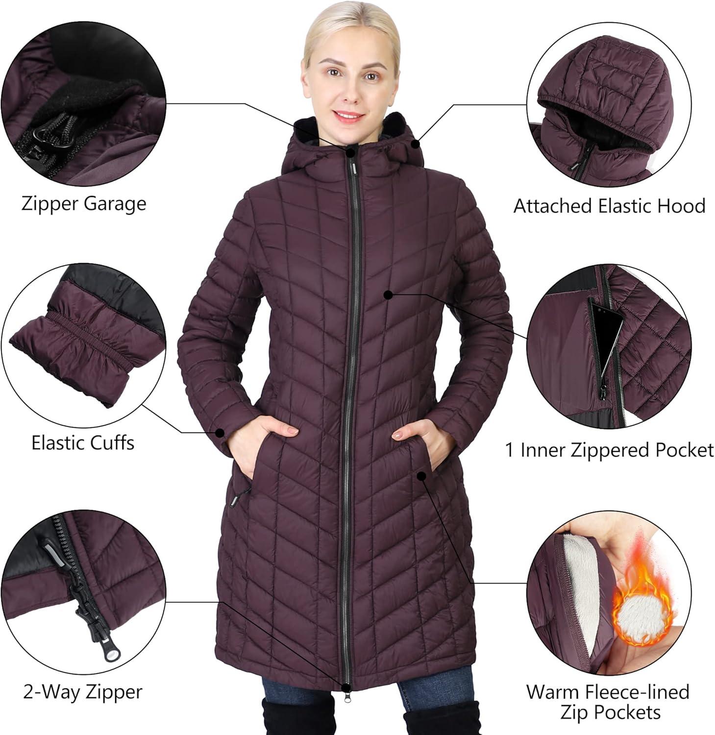 Outdoor Ventures Women’s Maryan Hooded Ultra Lightweight Warm Thermolite Long Puffer Coat(Purple-avg.36″ Long Length)