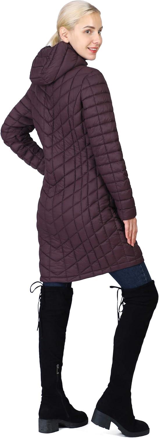 Outdoor Ventures Women’s Maryan Hooded Ultra Lightweight Warm Thermolite Long Puffer Coat(Purple-avg.36″ Long Length)