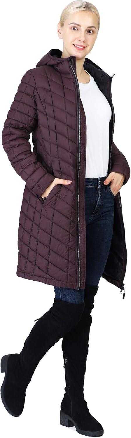 Outdoor Ventures Women’s Maryan Hooded Ultra Lightweight Warm Thermolite Long Puffer Coat(Purple-avg.36″ Long Length)