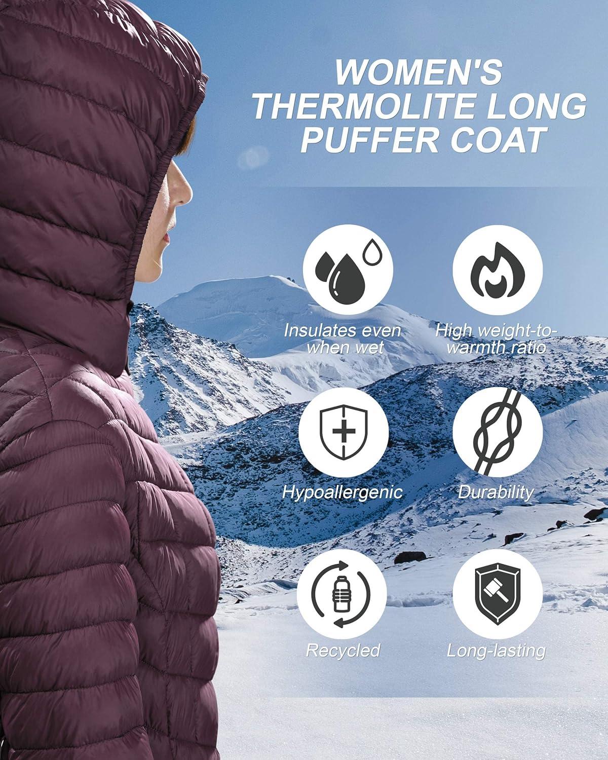 Outdoor Ventures Women’s Maryan Hooded Ultra Lightweight Warm Thermolite Long Puffer Coat(Purple-avg.36″ Long Length)
