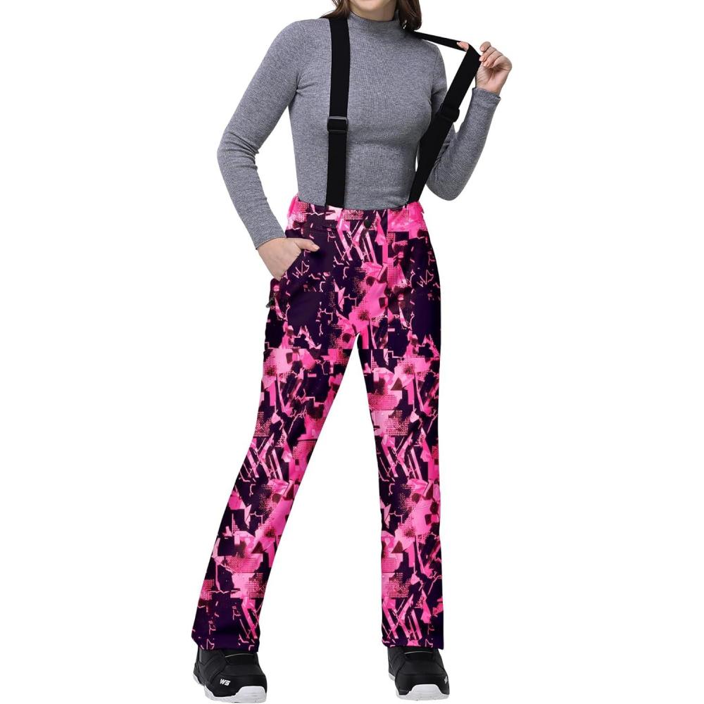 Outdoor Ventures Women’s Ski Snow Bib Pants Warm Insulated Waterproof Snowboard Softshell Pants with Detachable Bib(Rose Melange)