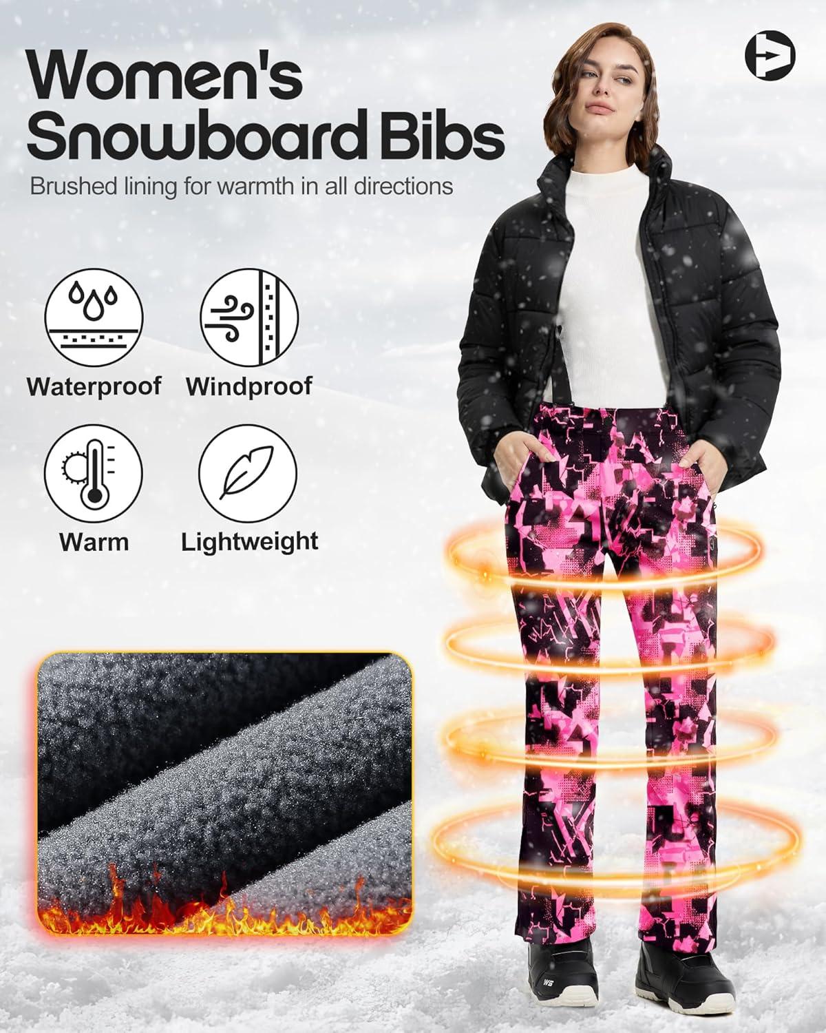 Outdoor Ventures Women’s Ski Snow Bib Pants Warm Insulated Waterproof Snowboard Softshell Pants with Detachable Bib(Rose Melange)