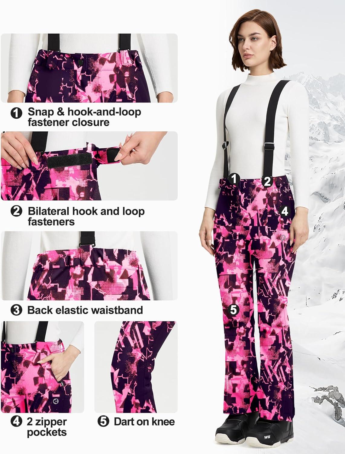 Outdoor Ventures Women’s Ski Snow Bib Pants Warm Insulated Waterproof Snowboard Softshell Pants with Detachable Bib(Rose Melange)