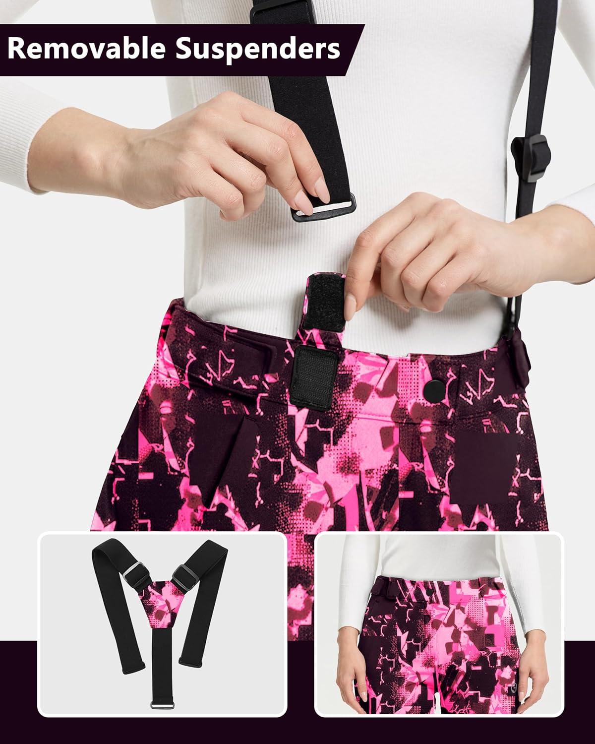 Outdoor Ventures Women’s Ski Snow Bib Pants Warm Insulated Waterproof Snowboard Softshell Pants with Detachable Bib(Rose Melange)