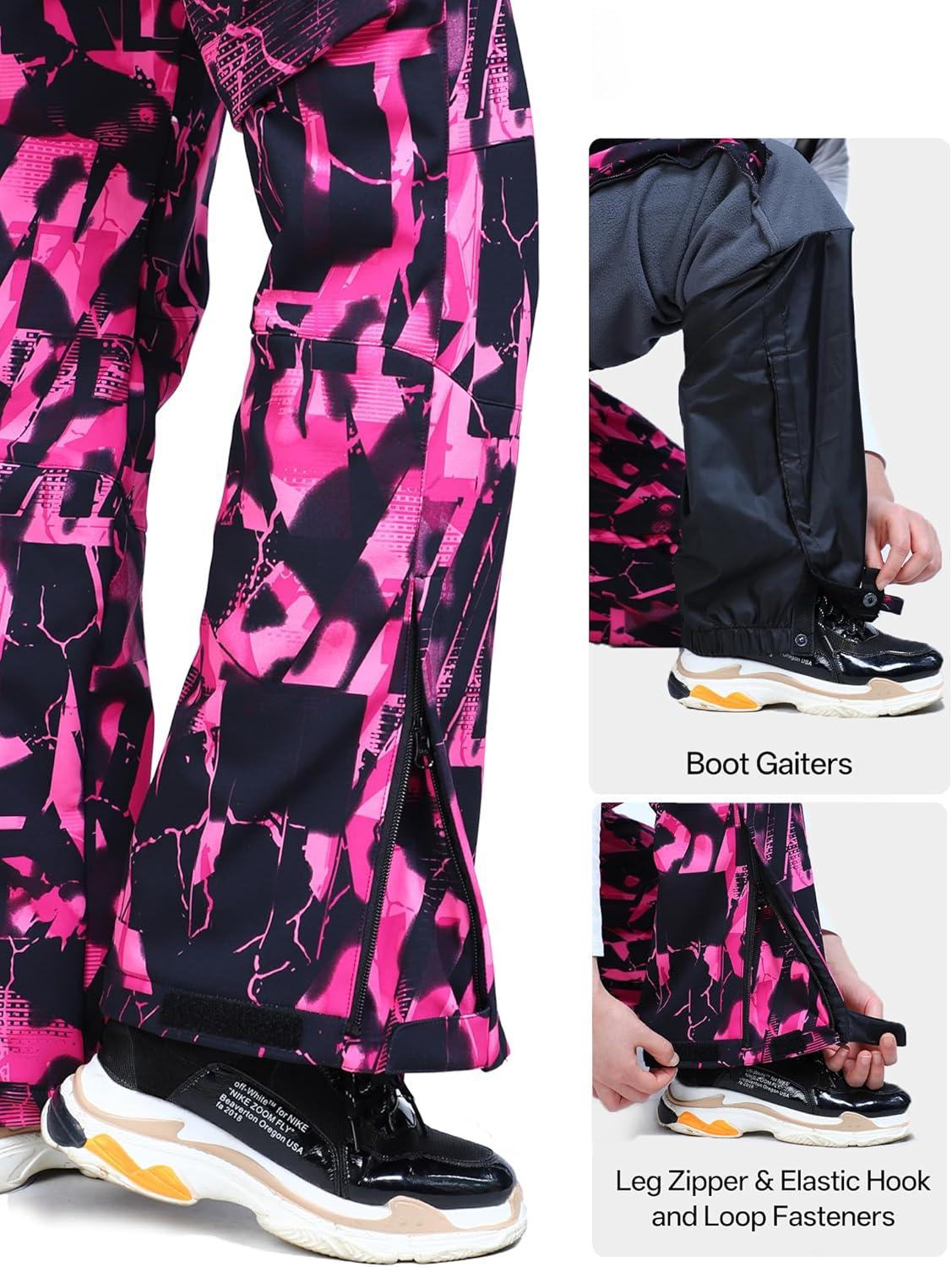 Outdoor Ventures Women’s Ski Snow Bib Pants Warm Insulated Waterproof Snowboard Softshell Pants with Detachable Bib(Rose Melange)