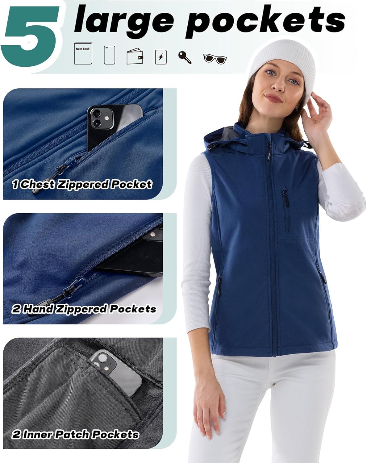 Outdoor Ventures Women’s Hooded Lightweight Softshell Vest, Windproof Fleece Lined Sleeveless Jacket for Golf Running Travel(Blue)