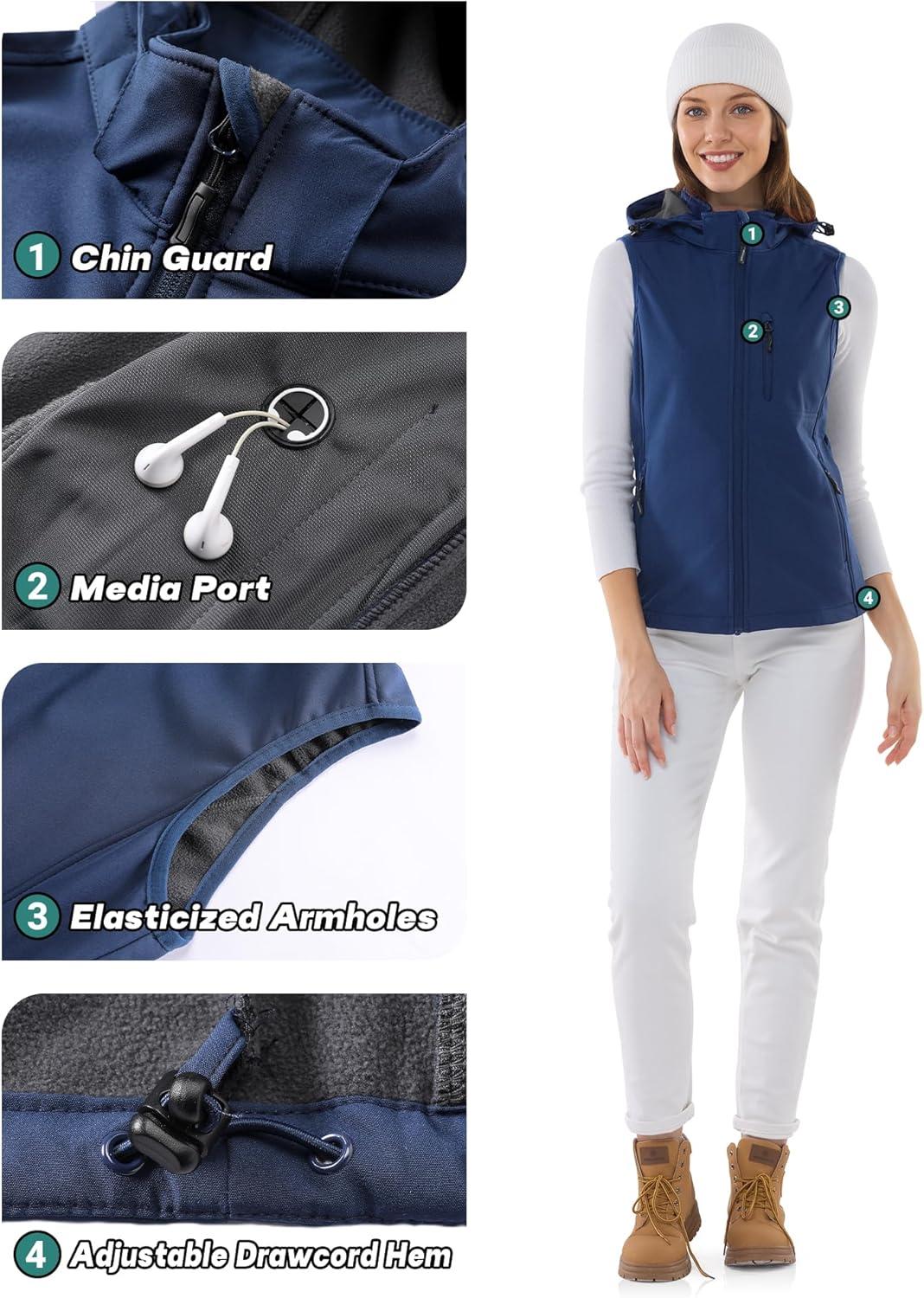 Outdoor Ventures Women’s Hooded Lightweight Softshell Vest, Windproof Fleece Lined Sleeveless Jacket for Golf Running Travel(Blue)