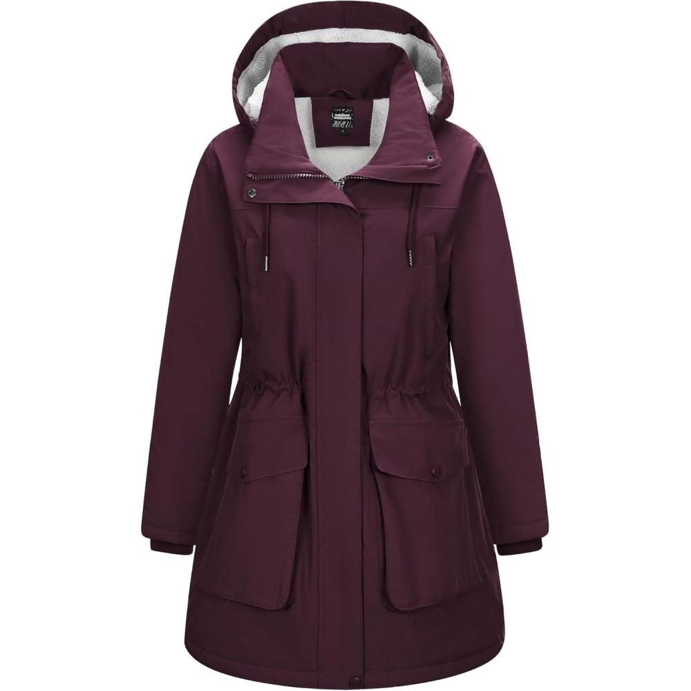 Outdoor Ventures Women’s Waterproof Fleece Lined Winter Coat Parka Removable Hood Warm Long Insulated Thicken Puffer Jacket(Wine)