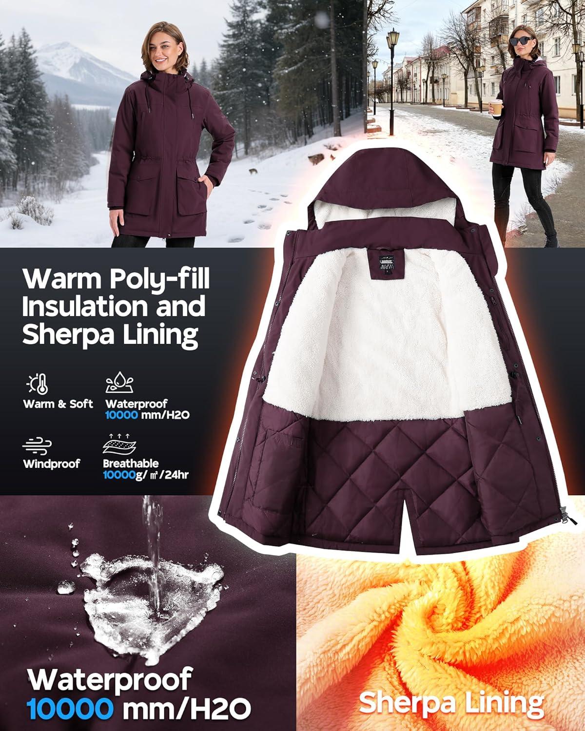 Outdoor Ventures Women’s Waterproof Fleece Lined Winter Coat Parka Removable Hood Warm Long Insulated Thicken Puffer Jacket(Wine)