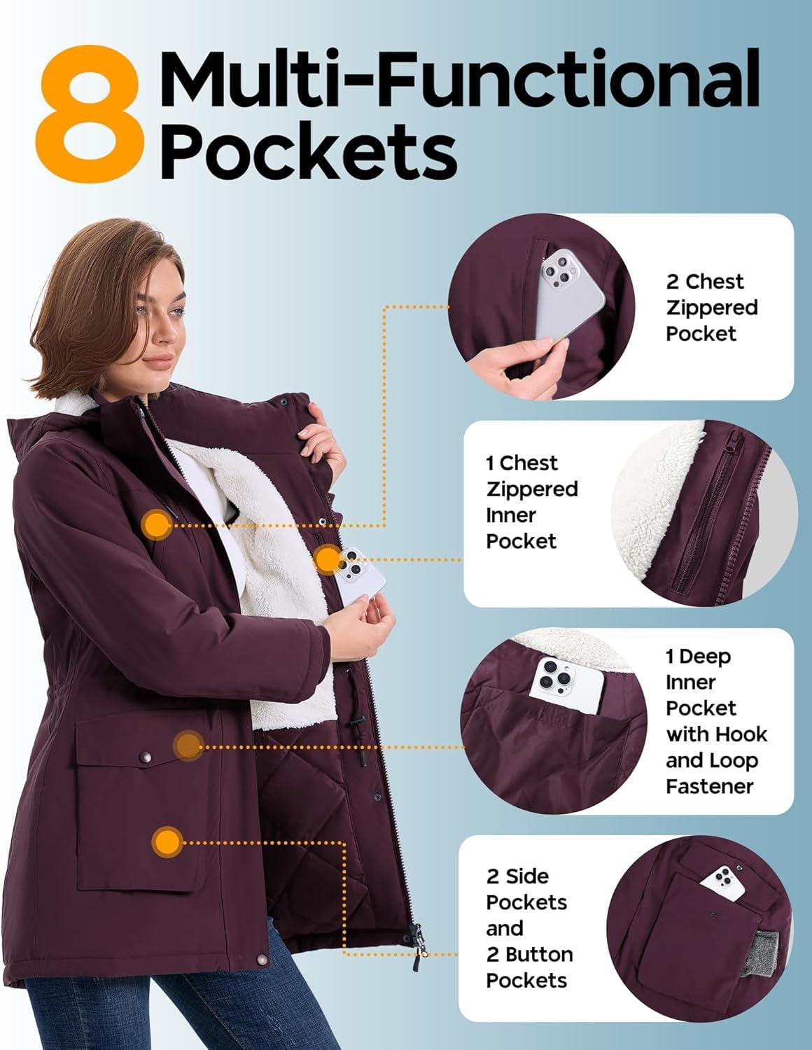 Outdoor Ventures Women’s Waterproof Fleece Lined Winter Coat Parka Removable Hood Warm Long Insulated Thicken Puffer Jacket(Wine)