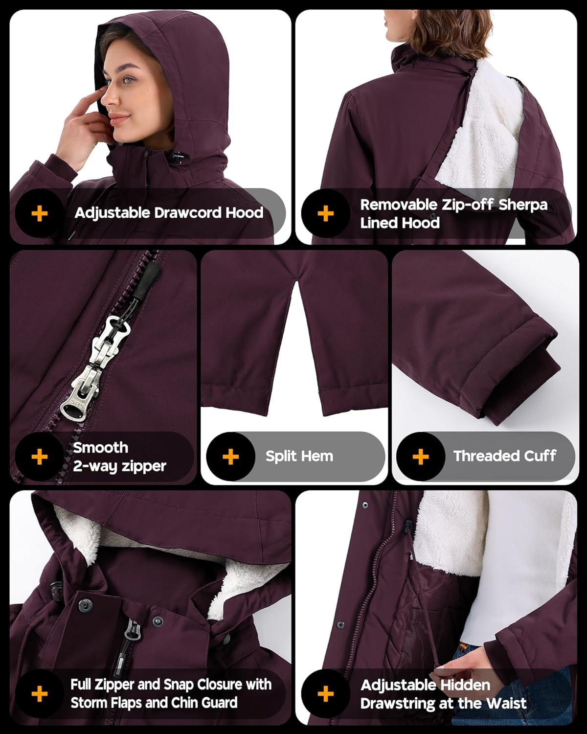 Outdoor Ventures Women’s Waterproof Fleece Lined Winter Coat Parka Removable Hood Warm Long Insulated Thicken Puffer Jacket(Wine)