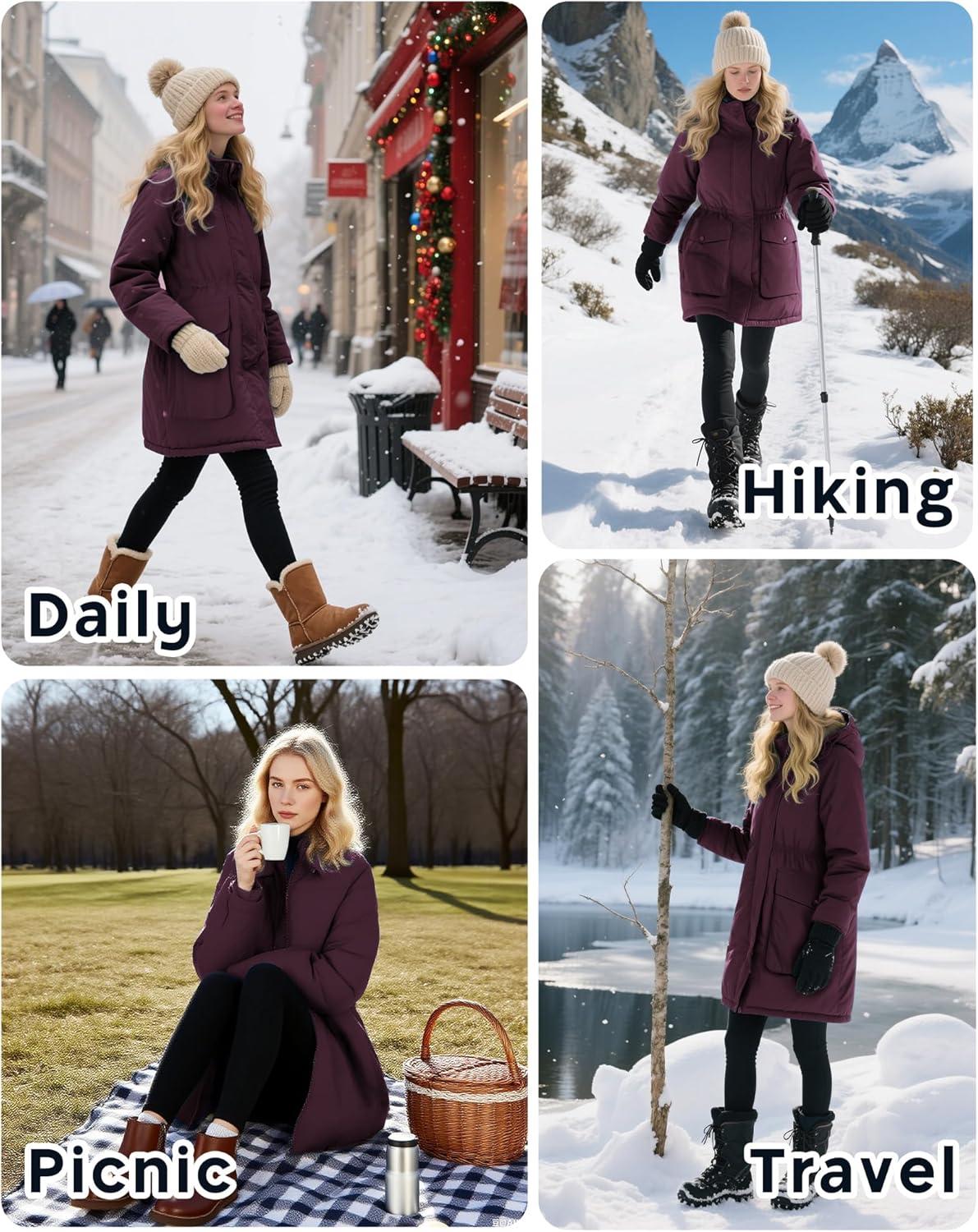 Outdoor Ventures Women’s Waterproof Fleece Lined Winter Coat Parka Removable Hood Warm Long Insulated Thicken Puffer Jacket(Wine)