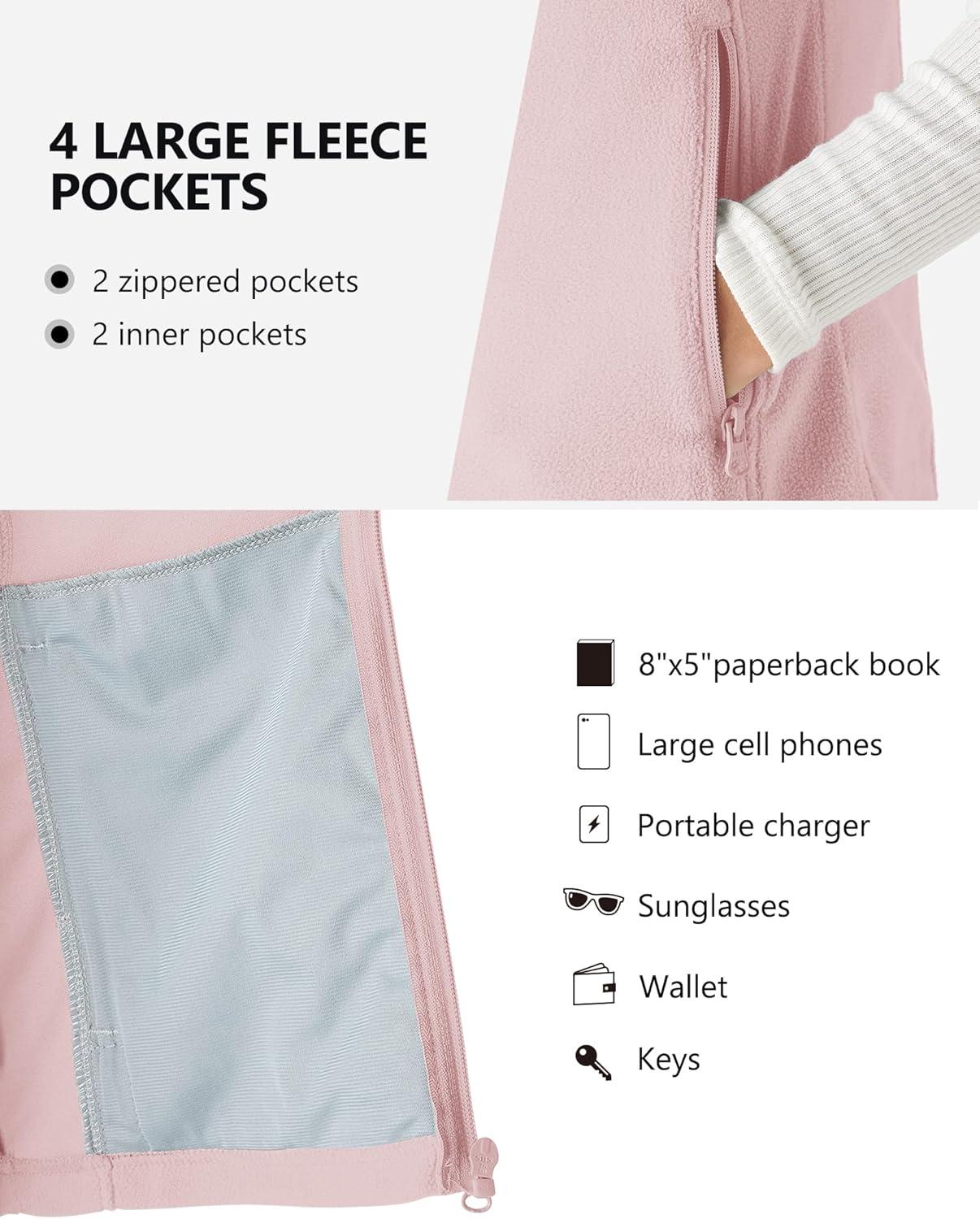 Outdoor Ventures Women’s Fleece Vest, Zip Up Lightweight Soft Running Vest Outerwear Sleeveless with Pockets(Pink)