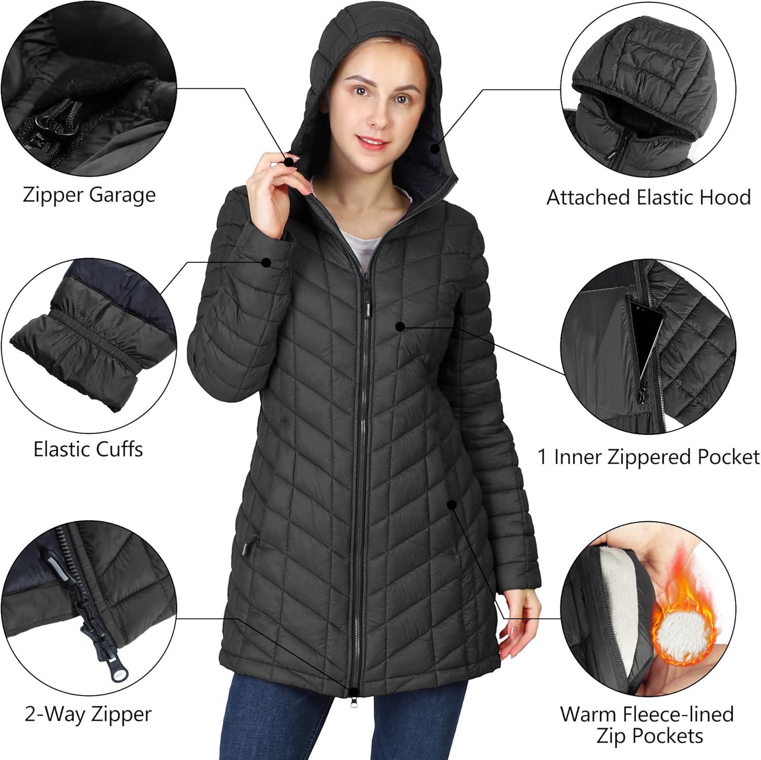 Outdoor Ventures Women’s Maryan Hooded Ultra Lightweight Warm Thermolite Long Puffer Coat(Black(matte)-avg.32″ Mid Length)