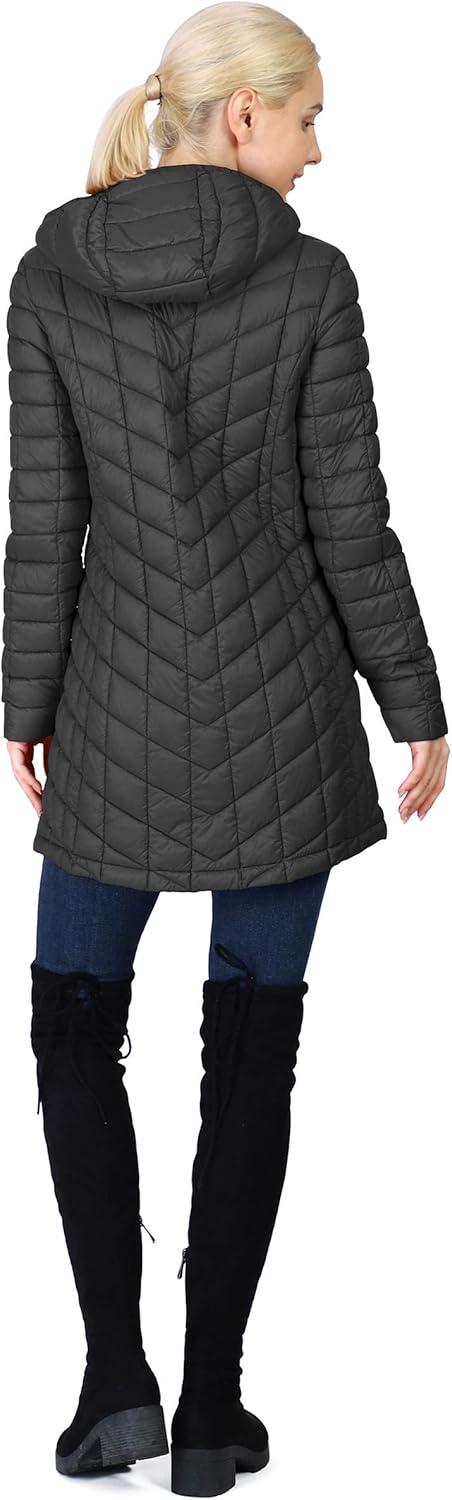 Outdoor Ventures Women’s Maryan Hooded Ultra Lightweight Warm Thermolite Long Puffer Coat(Black(matte)-avg.32″ Mid Length)