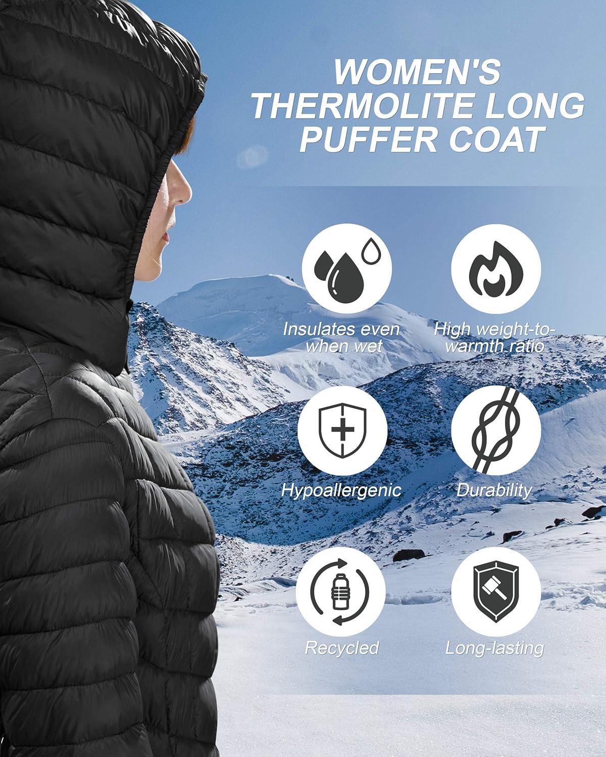 Outdoor Ventures Women’s Maryan Hooded Ultra Lightweight Warm Thermolite Long Puffer Coat(Black(matte)-avg.32″ Mid Length)