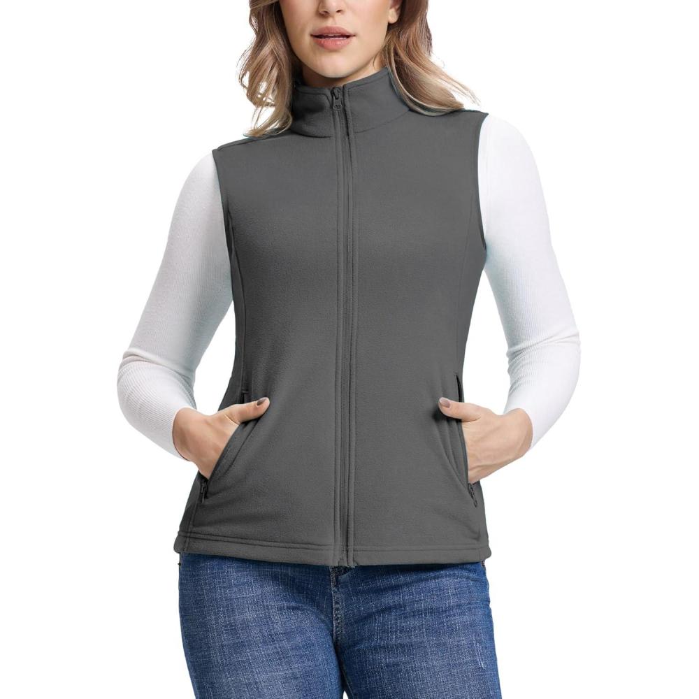 Outdoor Ventures Women’s Fleece Vest, Zip Up Lightweight Soft Running Vest Outerwear Sleeveless with Pockets(Dark Grey)