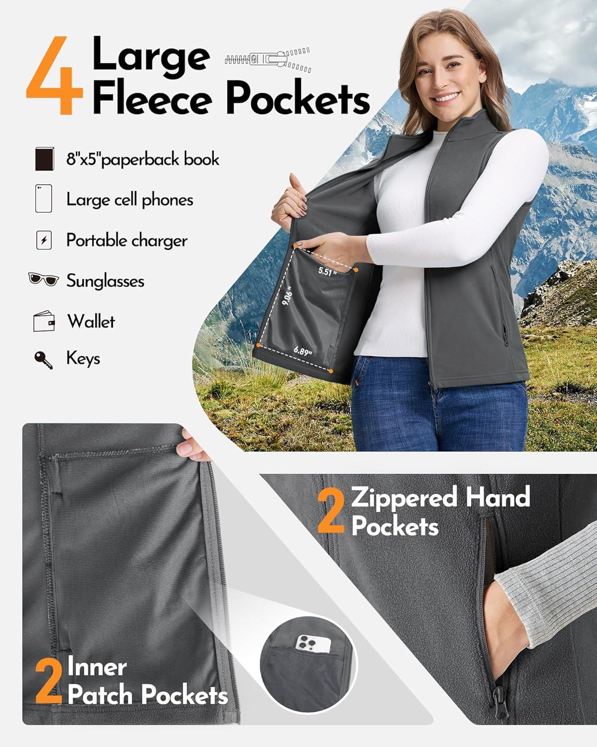 Outdoor Ventures Women’s Fleece Vest, Zip Up Lightweight Soft Running Vest Outerwear Sleeveless with Pockets(Dark Grey)