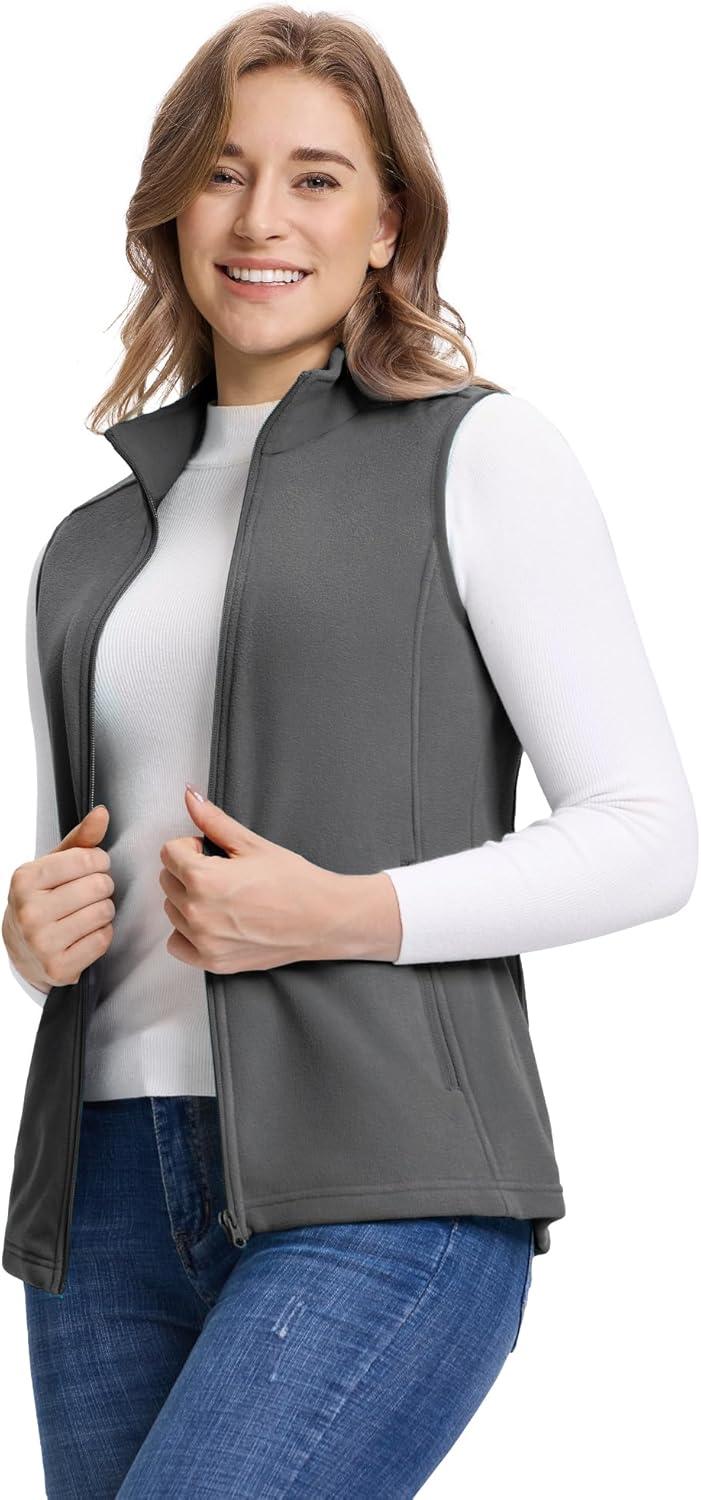 Outdoor Ventures Women’s Fleece Vest, Zip Up Lightweight Soft Running Vest Outerwear Sleeveless with Pockets(Dark Grey)