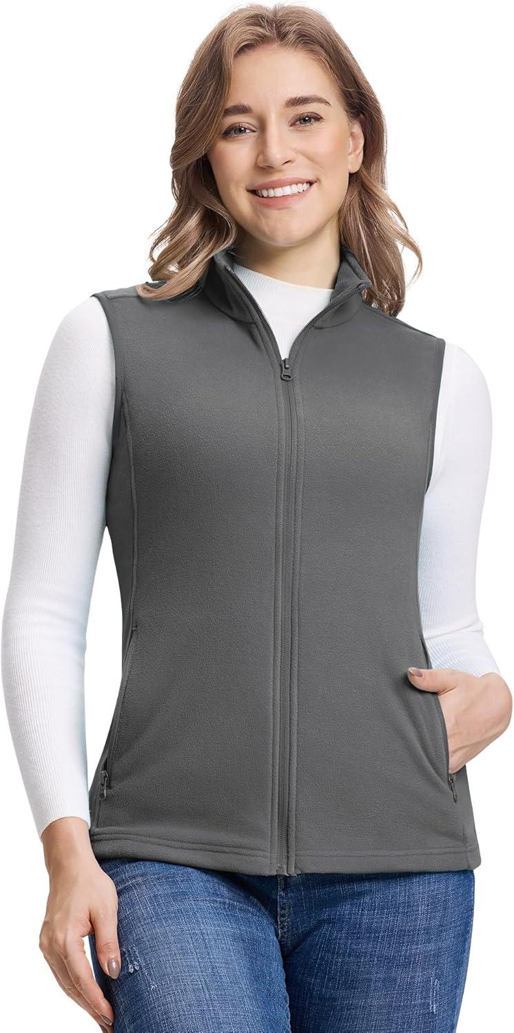 Outdoor Ventures Women’s Fleece Vest, Zip Up Lightweight Soft Running Vest Outerwear Sleeveless with Pockets(Dark Grey)