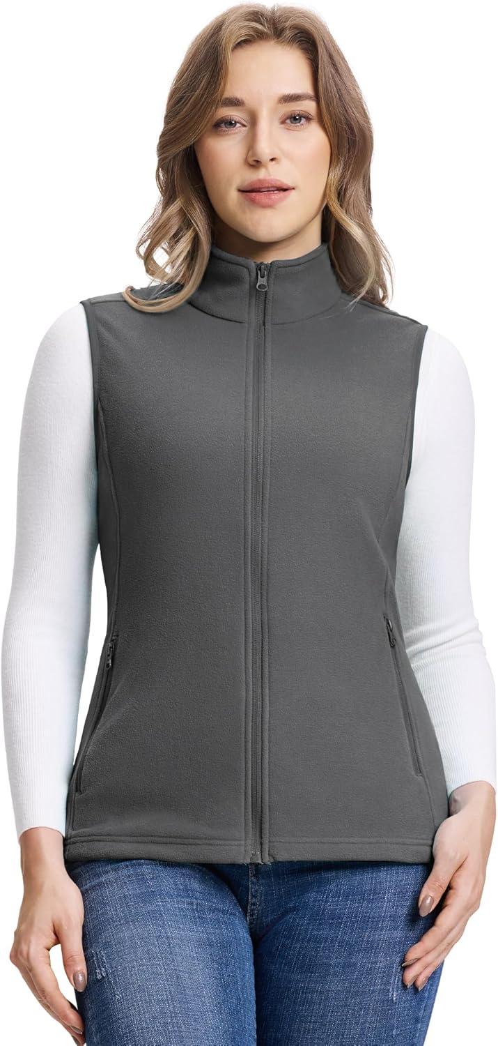Outdoor Ventures Women’s Fleece Vest, Zip Up Lightweight Soft Running Vest Outerwear Sleeveless with Pockets(Dark Grey)
