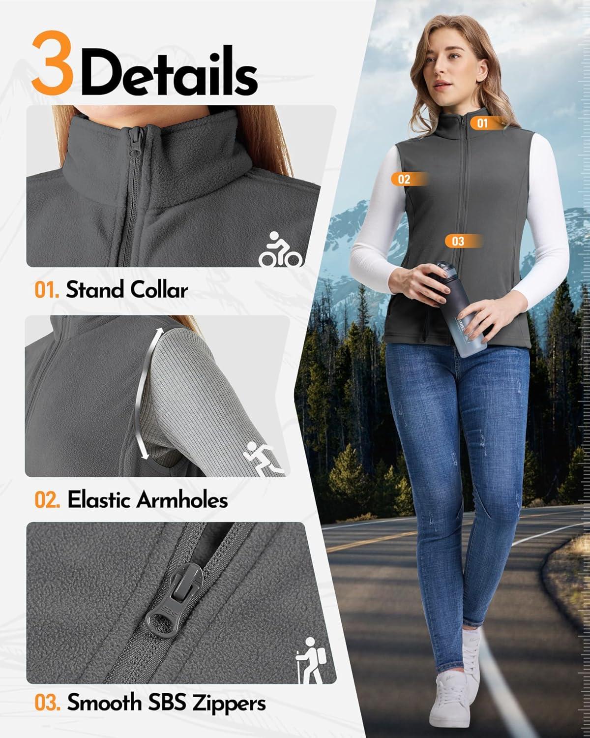 Outdoor Ventures Women’s Fleece Vest, Zip Up Lightweight Soft Running Vest Outerwear Sleeveless with Pockets(Dark Grey)