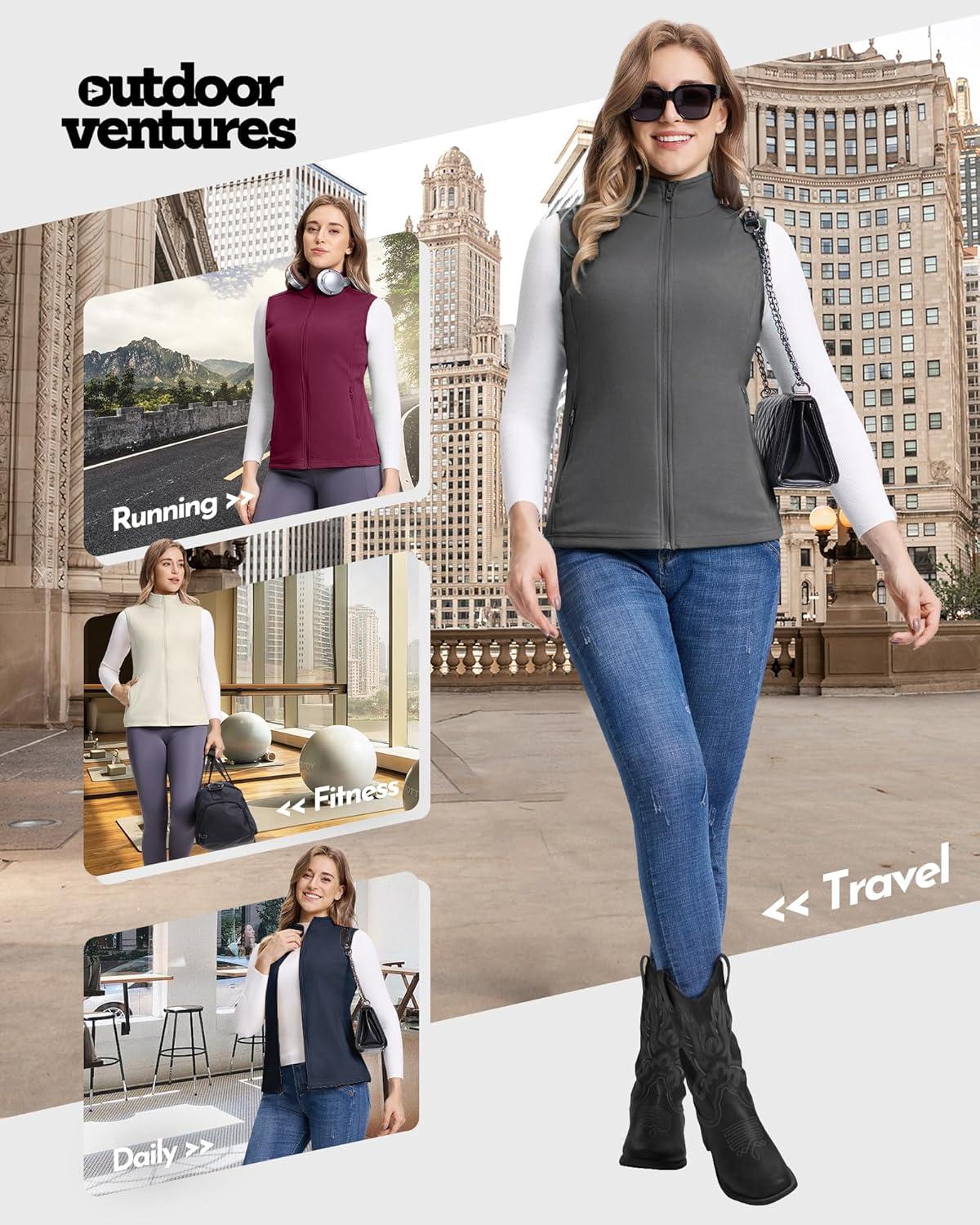 Outdoor Ventures Women’s Fleece Vest, Zip Up Lightweight Soft Running Vest Outerwear Sleeveless with Pockets(Dark Grey)
