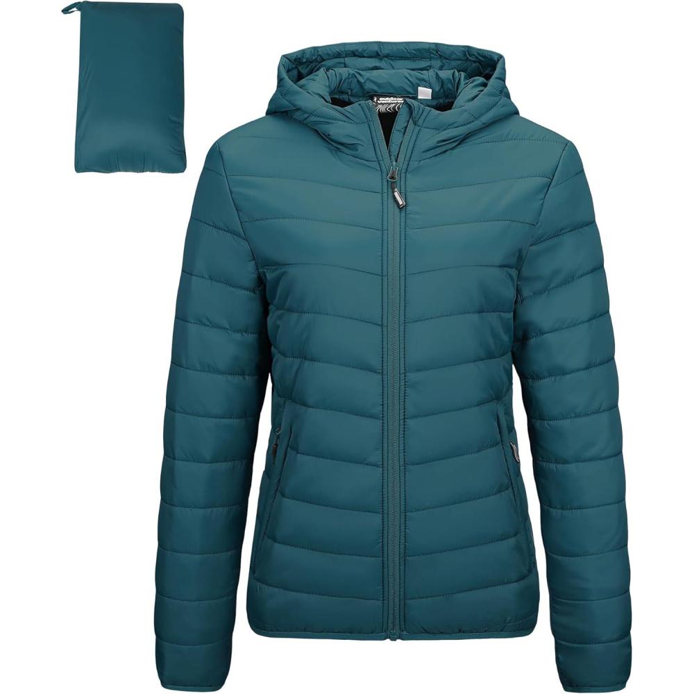 Outdoor Ventures Women’s Packable Lightweight Full-Zip Puffer Jacket with Hood Quilted Winter Coat(Teal(fold in Pocket))