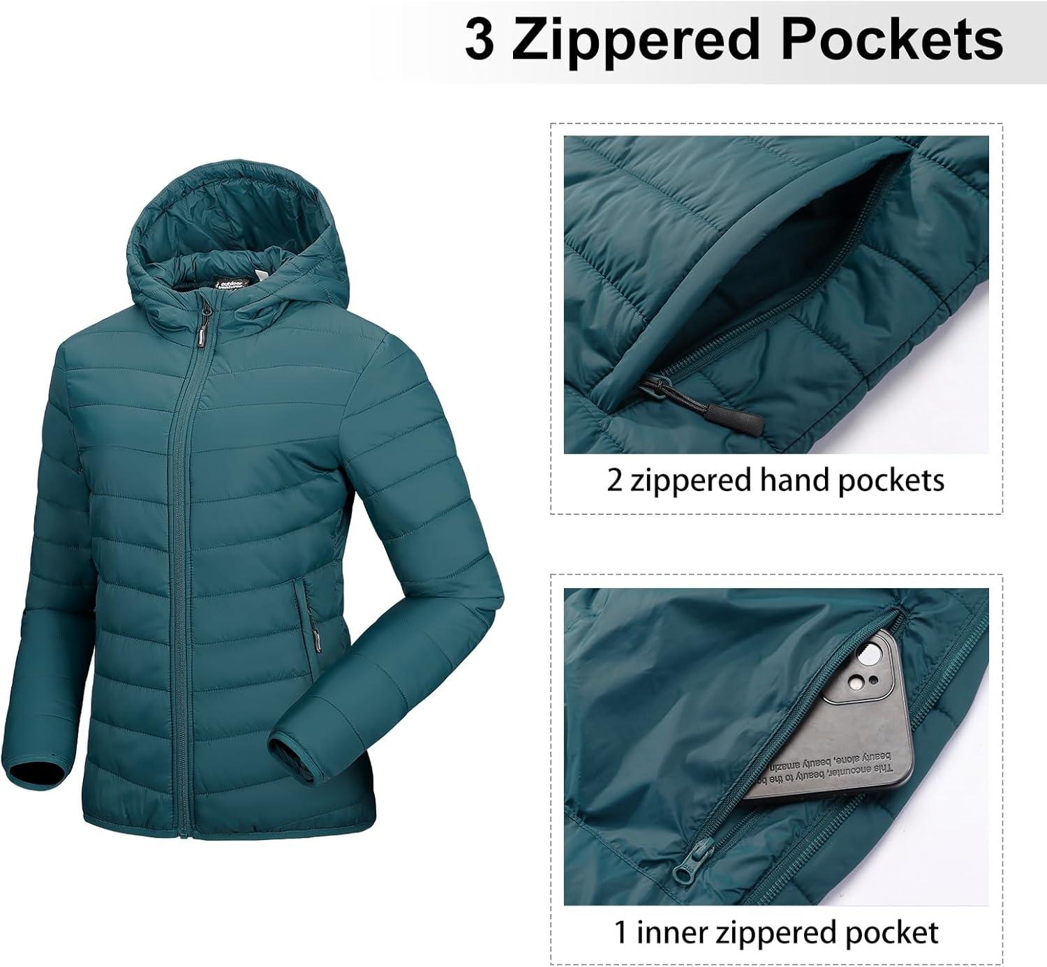 Outdoor Ventures Women’s Packable Lightweight Full-Zip Puffer Jacket with Hood Quilted Winter Coat(Teal(fold in Pocket))
